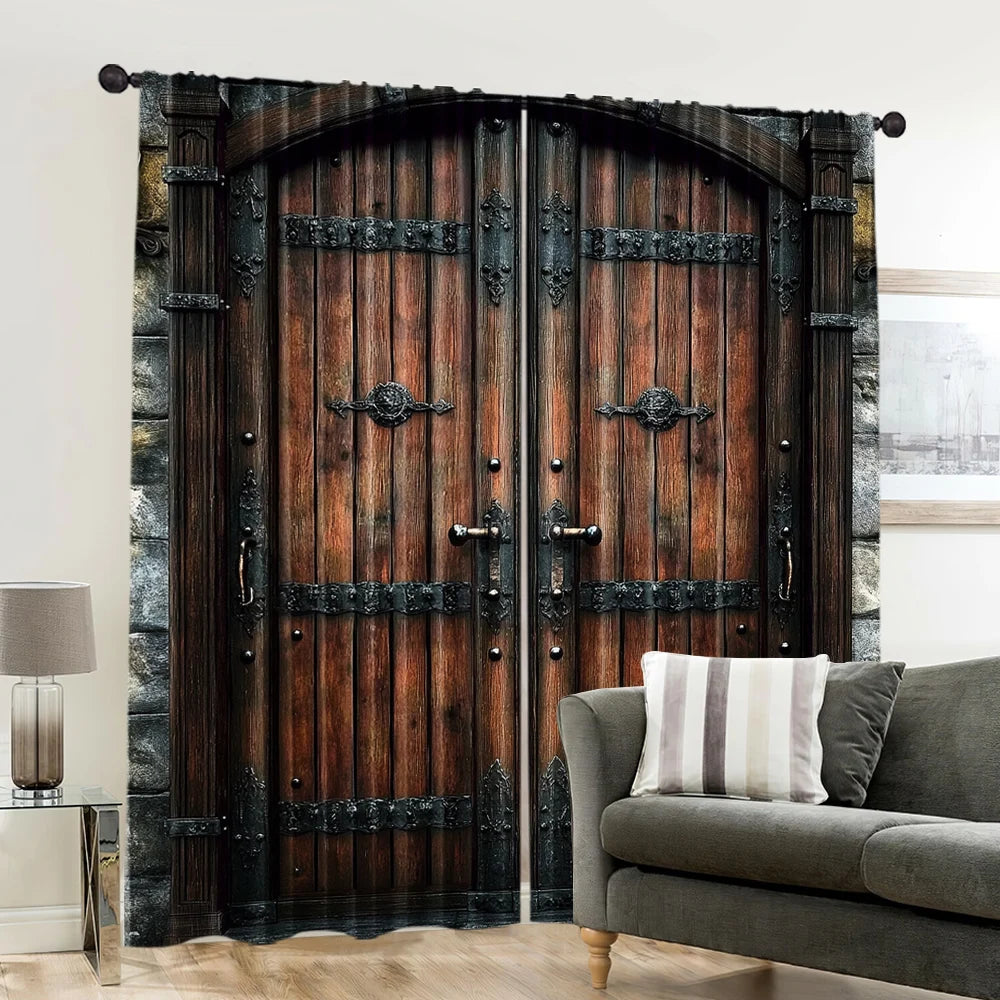 rideaux vintage polyester imitation bois fer porte médiéval gris marron noir beigesDecorationFantastiquePanneaux2Pcs