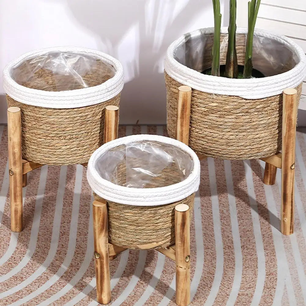 pots plante naturel blanc corde tressée bois rustique boho chic plastique transparentintérieurextérieurbalcon