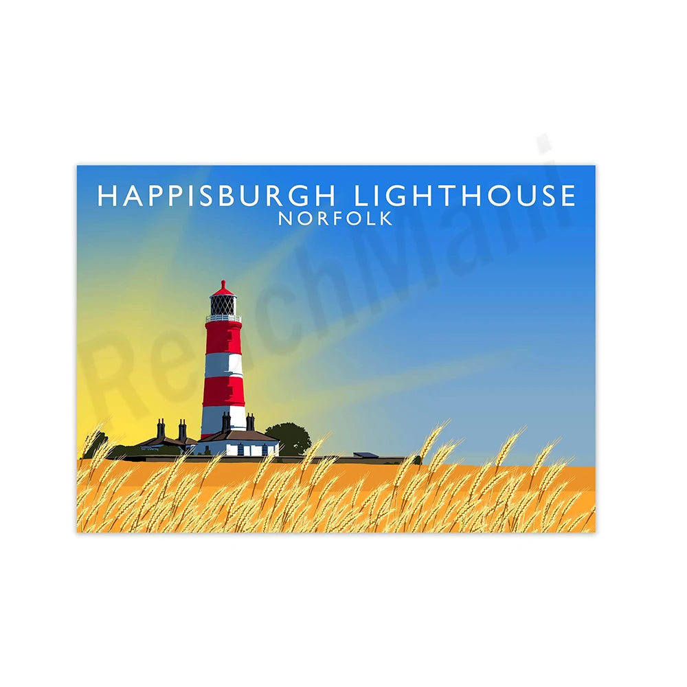Le phare de Happisburgh, situé dans le comté de Norfolk, se détache contre un ciel bleu et un champ doré, offrant une scène pittoresque.