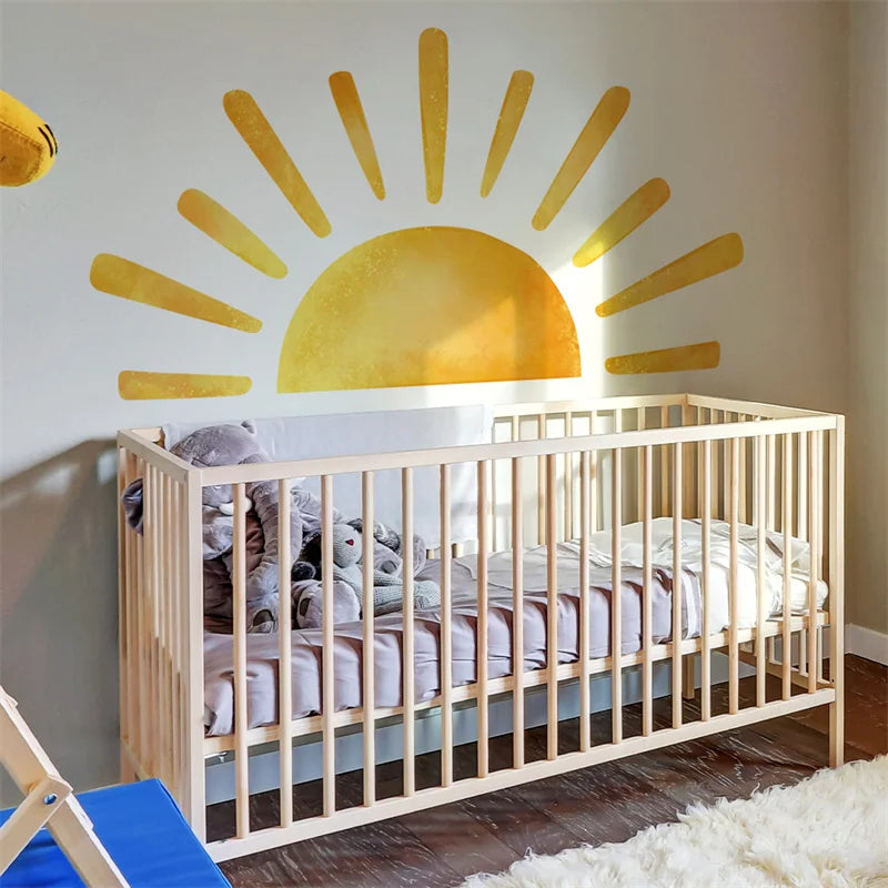 sticker mural moderne rayons solaires or jaune décoration chambre enfants Boho aquarelle autocollant vinyle