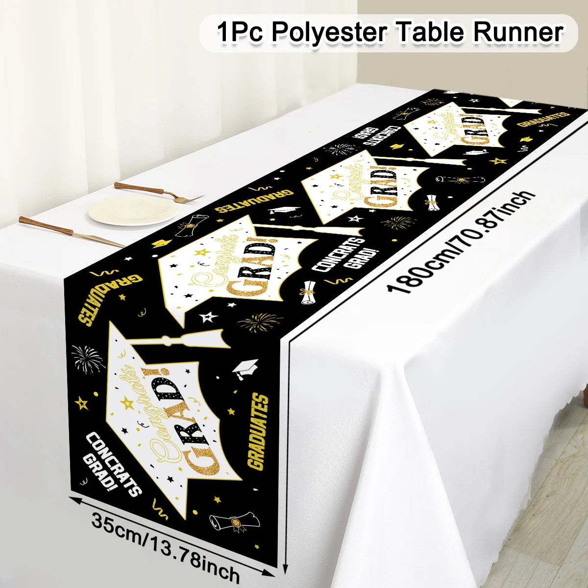 nappe table fête remise diplôme motifs cérémonie confettis étoiles feu artificiel polyester noire or