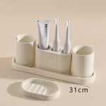 ensemble salle bain moderne blanc texturé distributeur savon gobelet support brosse dents plateau électrique