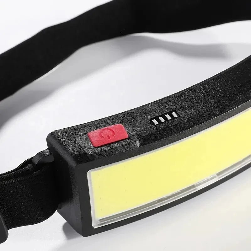 lampe frontale led cob rechargeable usb batterie intégrée indicateur puissance mode ajustable ceinture camping