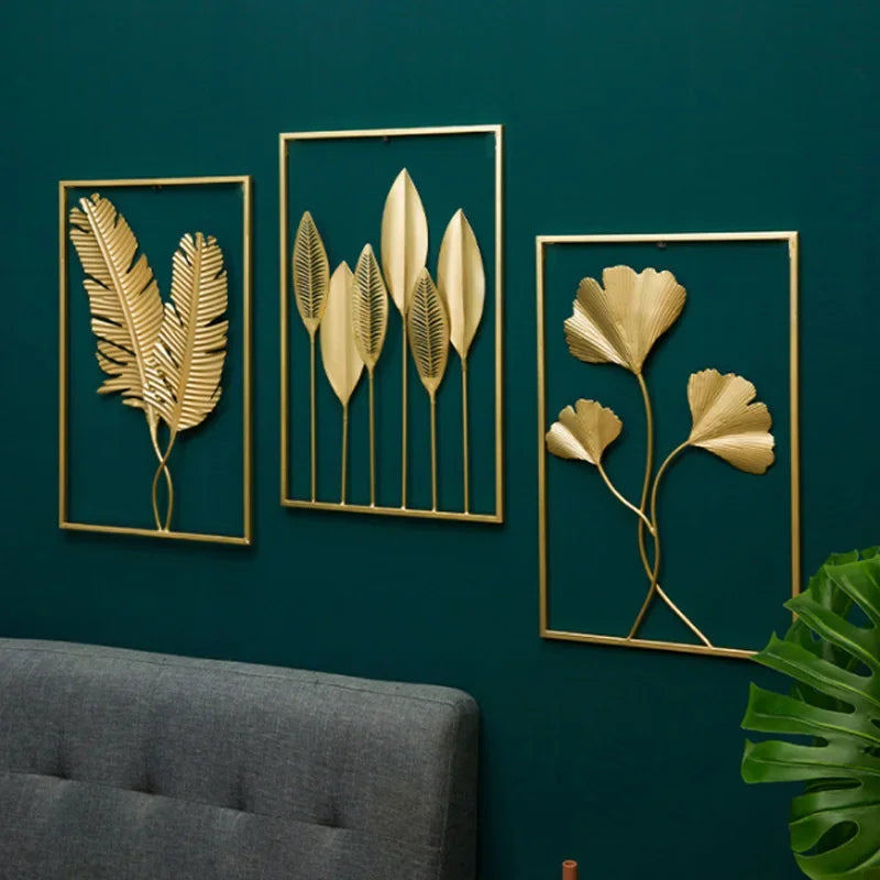 décoration murale métal feuilles stylisées bleu doré jaune art moderne salon maison intérieur