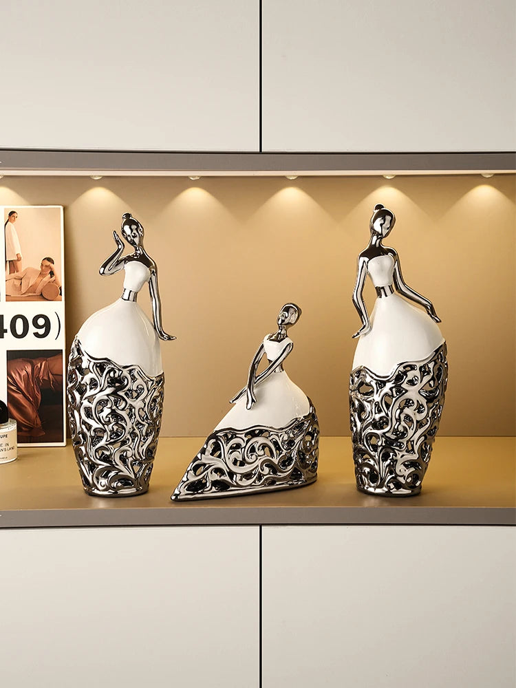 figurines féminines modernes céramique blanche argentées décoration intérieure étagères salon meuble vin cadeau simple