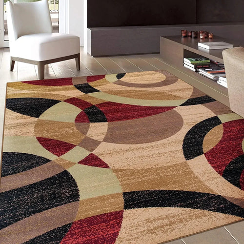 tapis salon moderne motif géométrique rouge noir gris blanc antidérapant lavable confortable intérieur maison