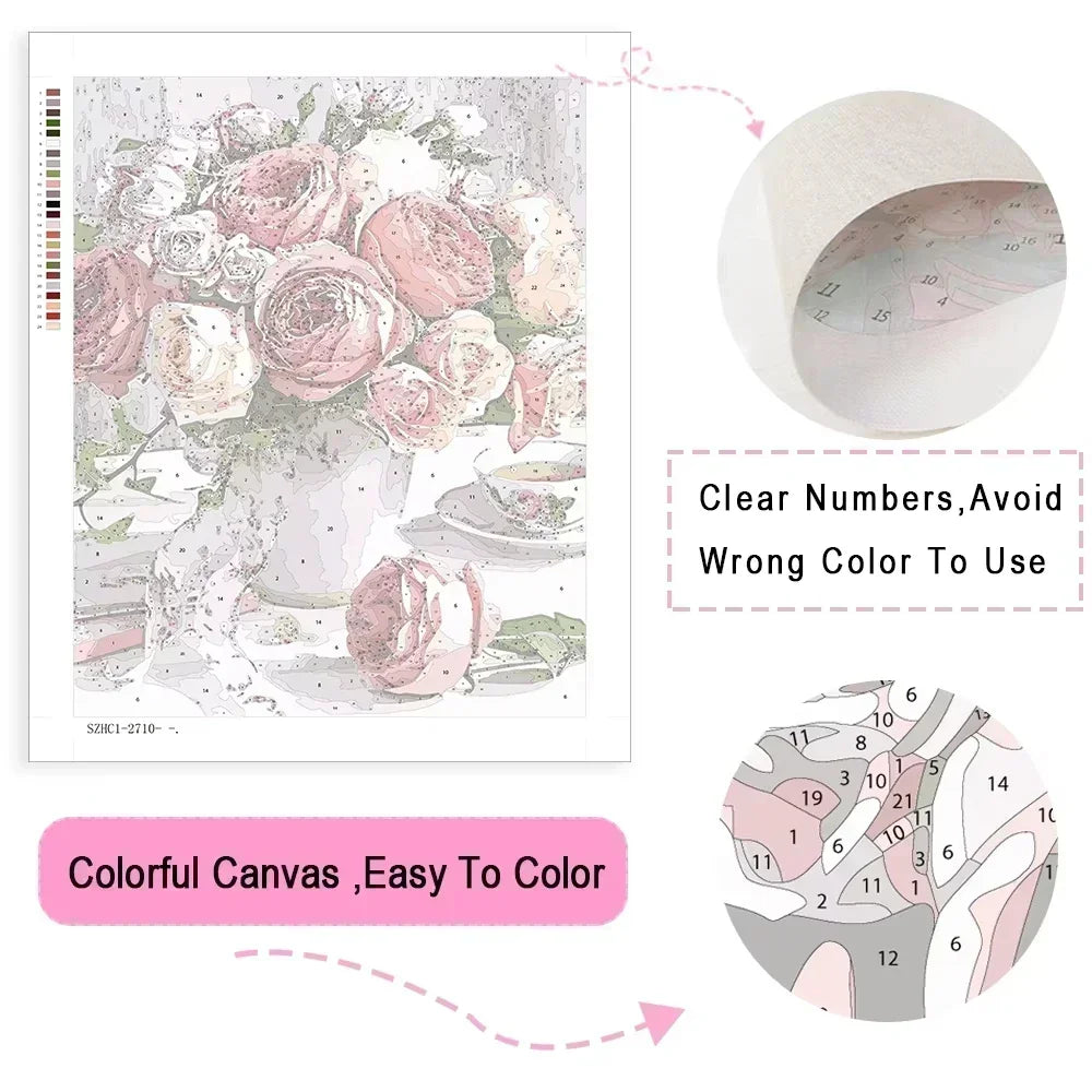 peinture numéros diy adulte toile fleurs vase classique rose blanc gris