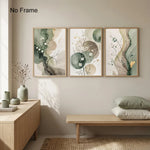 toiles d'art abstrait modernes vertes cadres bois salon decoration minimalistes