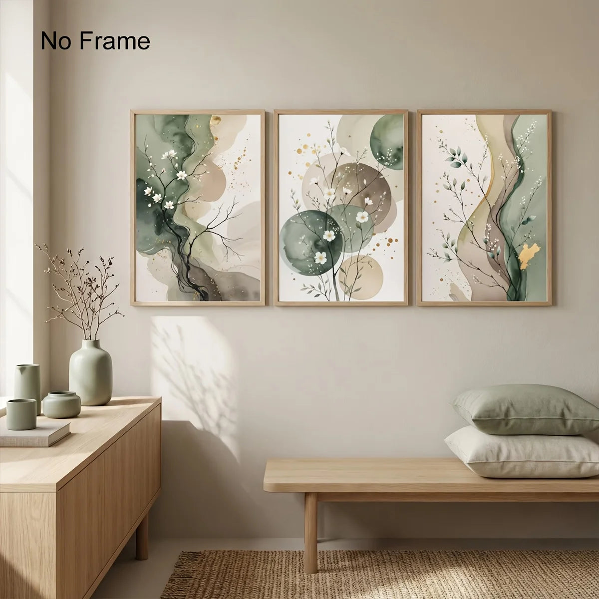 toiles d'art abstrait modernes vertes cadres bois salon decoration minimalistes