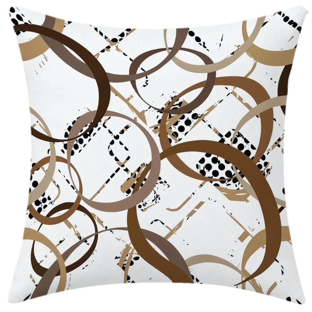 housses coussin motif géométrique moderne polyester blanc marron noir décor canapé chambre salon fixations