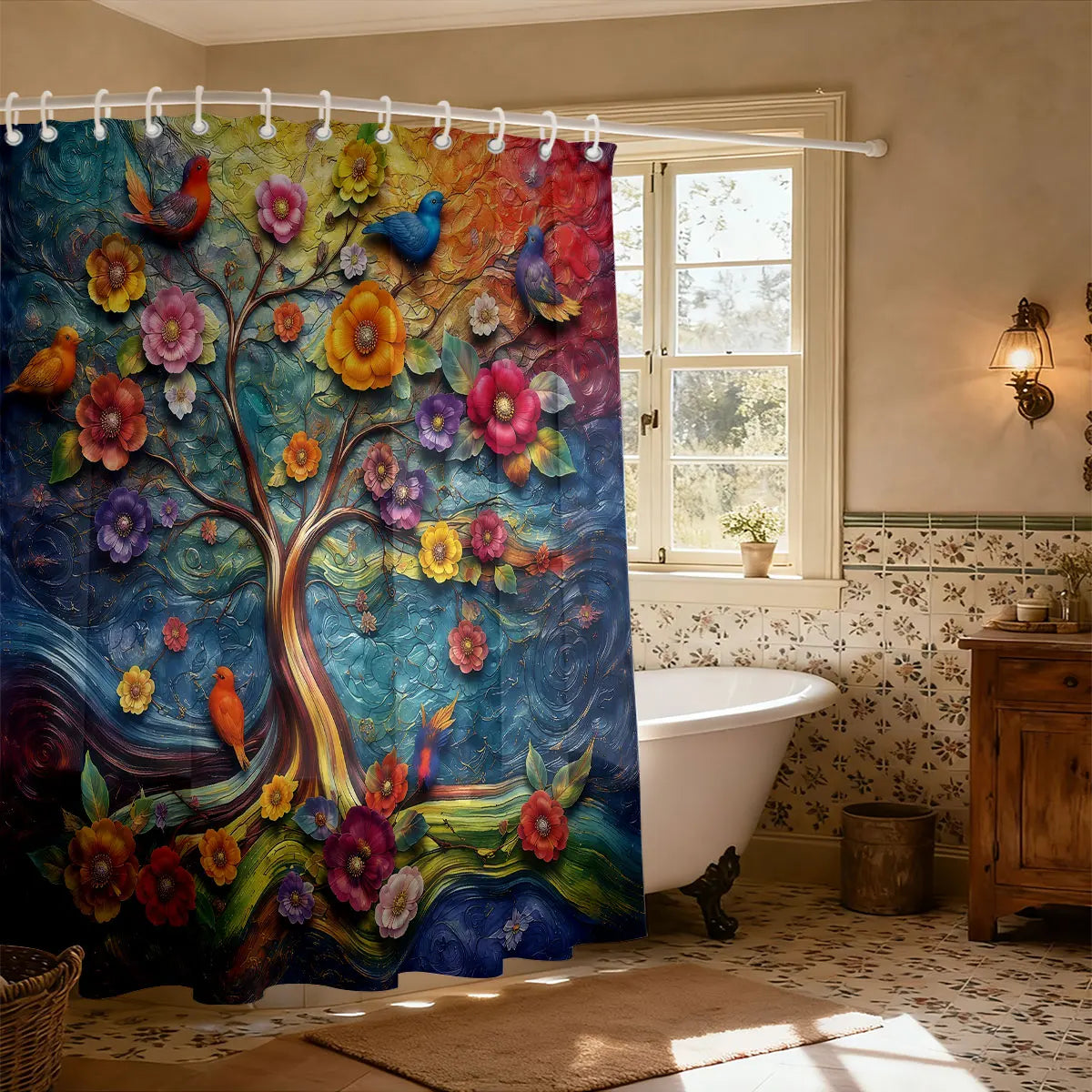rideau douche arbor floral oiseaux couleurs vives opaques anneaux salle bain