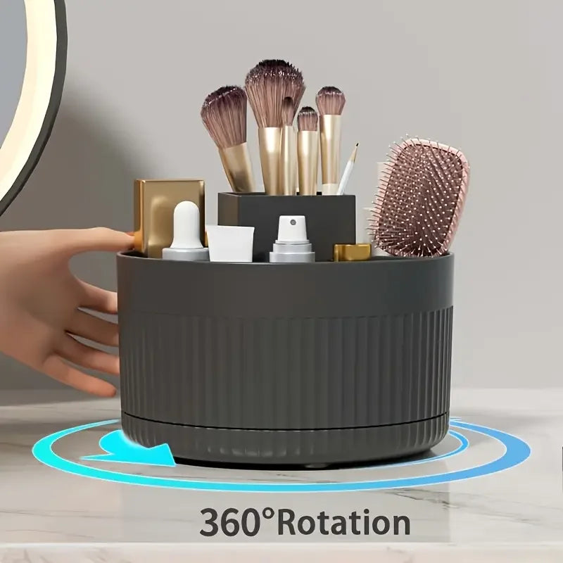 organisateur maquillage rotatif boîte rangement moderne gris blanc marron rayures vertical brosse crayon soins