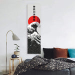 décoration murale moderne vague stylisée soleil stylisé texte japonais opaque rouge noir blanc chambre