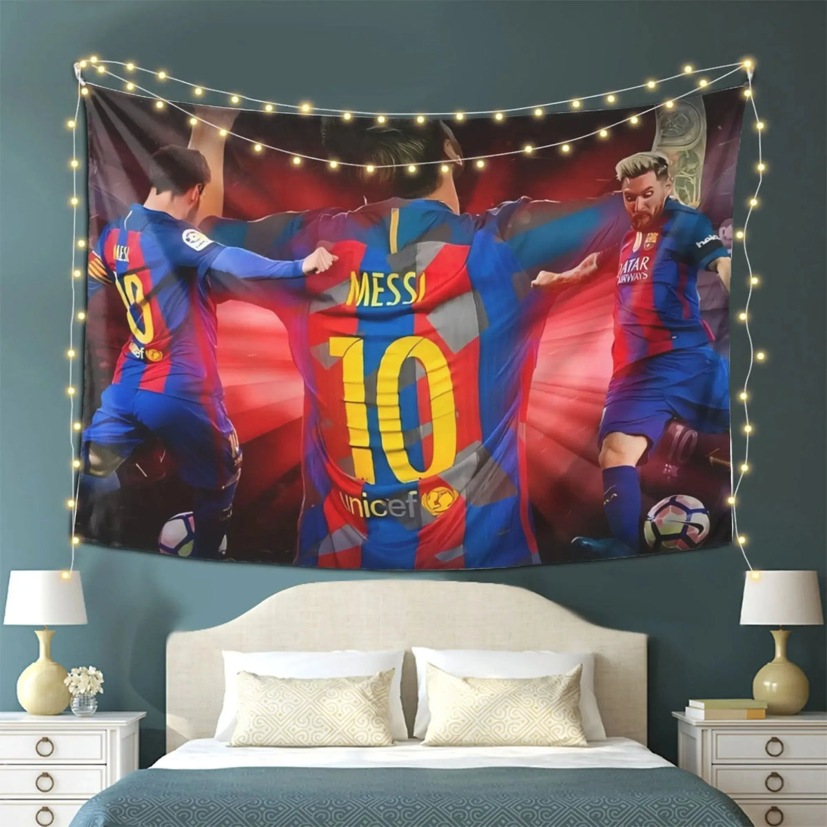 tapisserie moderne football bleu rouge jaune fc barcelone messi célébration unicef décoration intérieure sportive