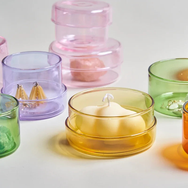 boîtes rangement verre transparentes modernes couleurs vert orange jaune rose clips papier respectueux environnement