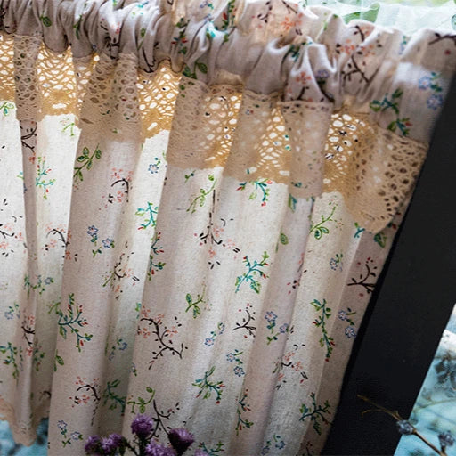 rideau floral lin semi transparent vintage beige clair romantique crocheté cuisine