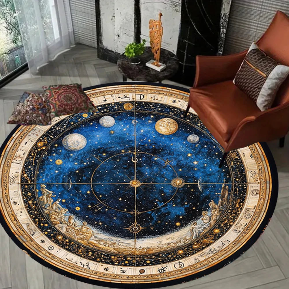 tapis rond céleste étoiles planètes bleu marine doré moderne salon chambre vintage decoration