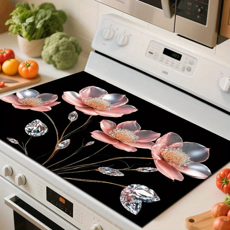 tapis protection cuisine moderne floral noir rose pâle diamants dorés 72x52cm sécuritaire facile nettoyage