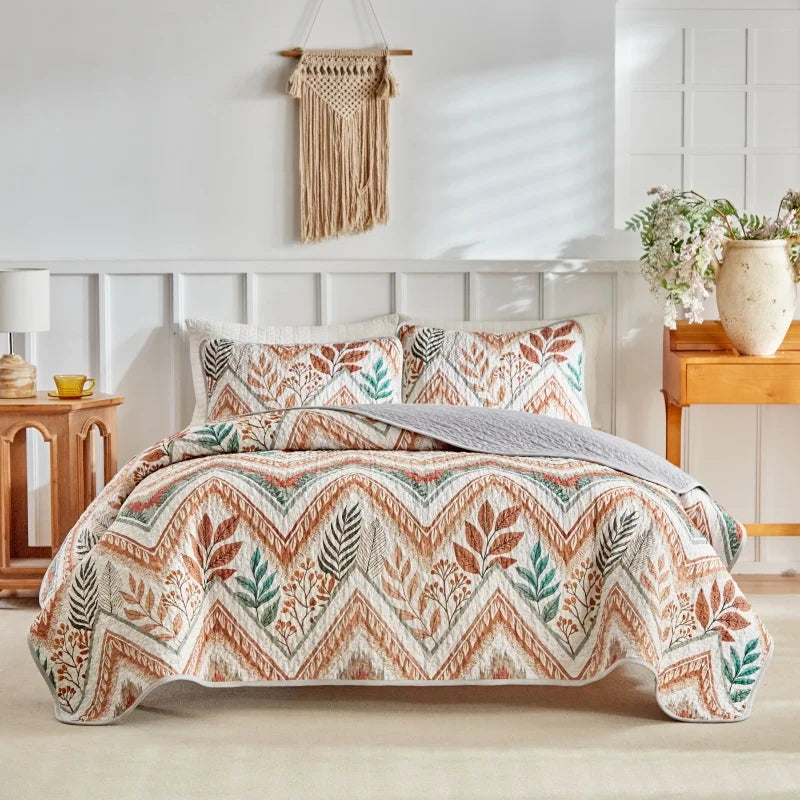 ensemble couvre lit matelassé microfibre géométrique floral boho chic multicolore rouge bleu beige taies