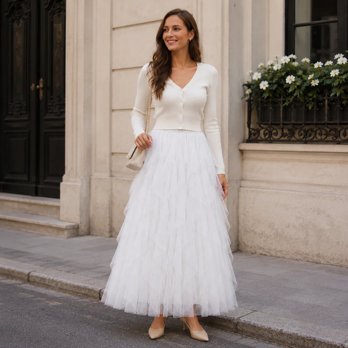jupe tulle rose clair élégante classique été plissée longueur cheville junior féerique organza polyester