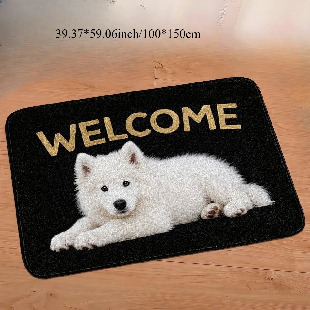 tapis d'entrée moderne chien blanc welcome noir géométrique antidérapant flanelle PVC