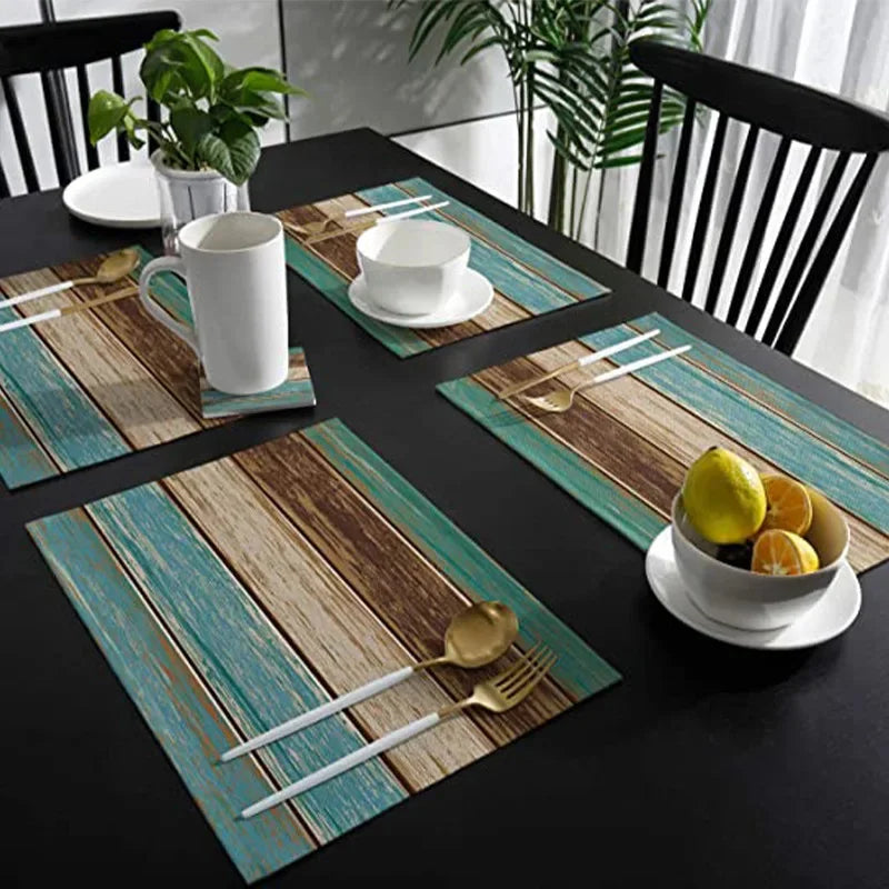 tapis table moderne rustique bleu brun beige rayures horizontales assiettes cuillères fourchettes couteaux verres
