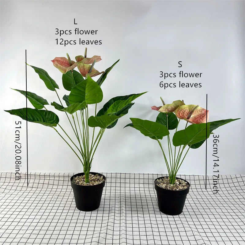 plantes artificielles anthurium vert rouge blanc moderne minimaliste pot noir gravier blanc fleurs coeurs