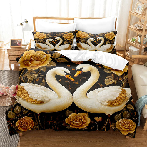 parure lit housse couette taies d'oreiller cygnes blancs roses dorées motif floral