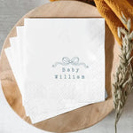 serviettes papier mariage anniversaire baby shower decoration table blanc bleu ruban texte fleurs couverts