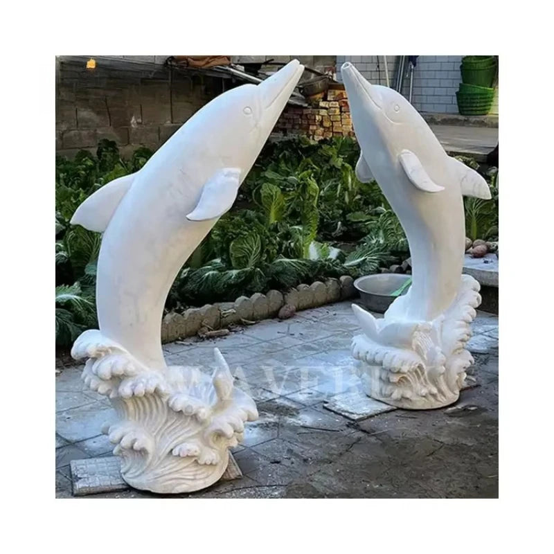 statue dauphin blanc sculpture marbre moderne jardin décoration main sculptéeextérieur fixe