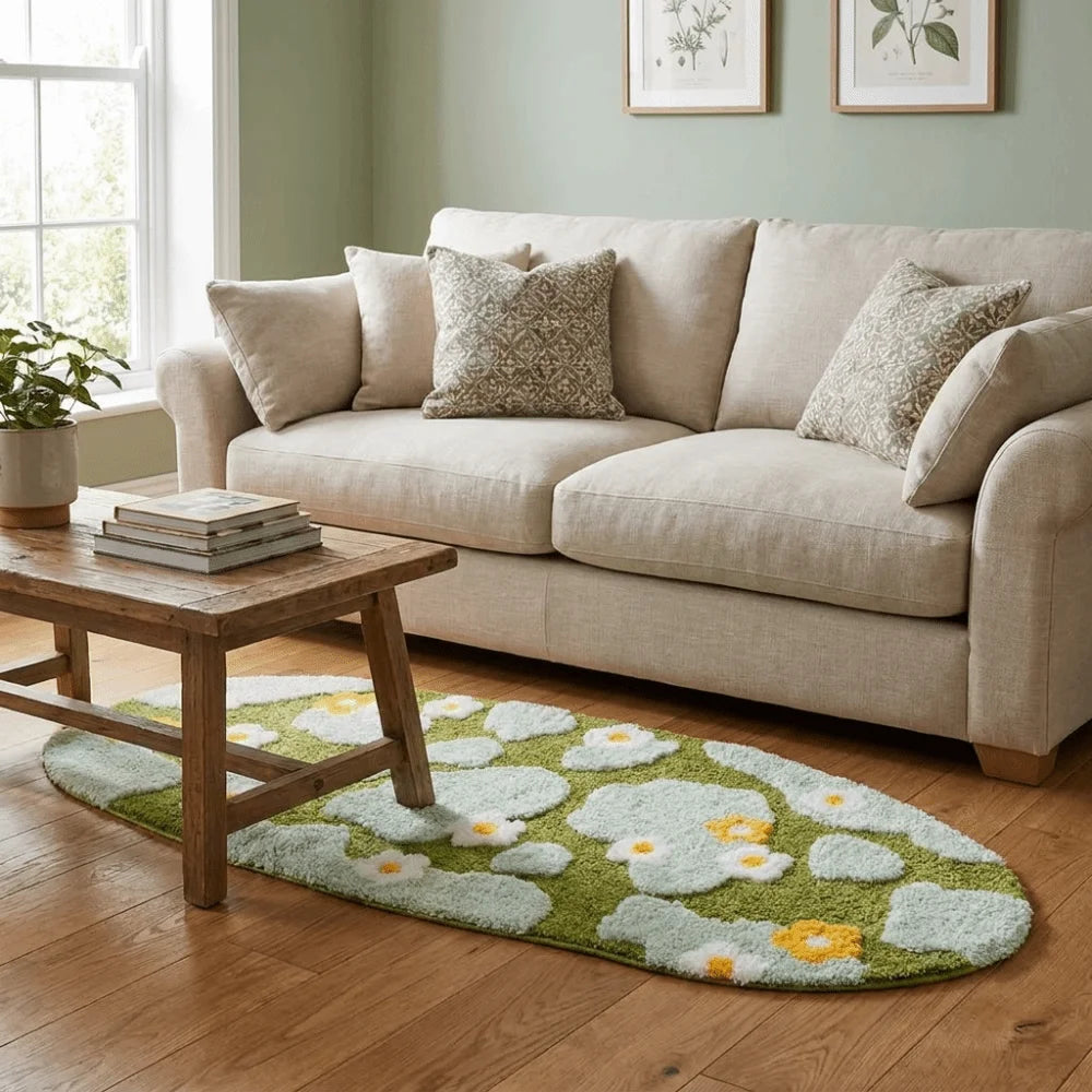 tapis vert fleurs moderne intérieur polypropylène géométrique jaune blanc rose orange doux