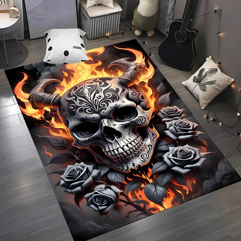tapis crâne roses flammes gothique noir gris blanc orange chambre salon decoration