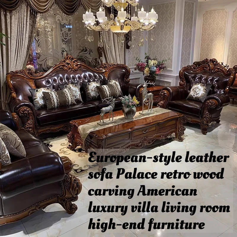 canapé chesterfield cuir lisse bois sculpté classique européen salon trois personnes