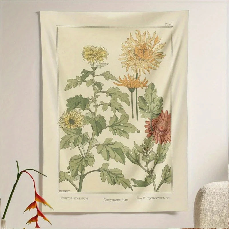 tapisserie vintage illustrative botanique fleurs feuilles salon chambre rouge orangé blanc