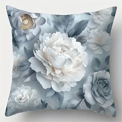 taies d'oreiller décoratives floral bleu clair fleurs blanches gris zipper closure polyester peachskin 45x45cm