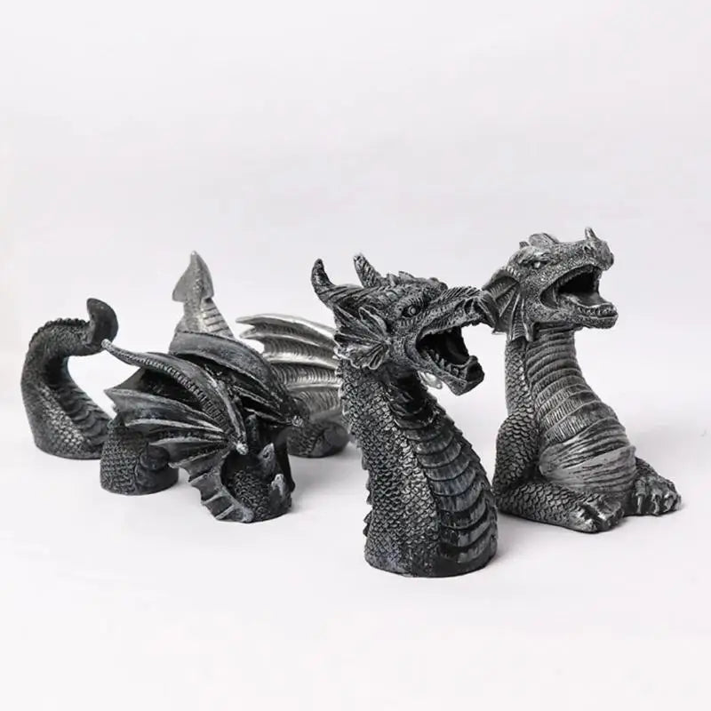 statues dragons résine fantastique gothique patio jardin décor extérieur gris noir éclairé details sculpté