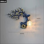 lampe murale moderne branches fleurs strass tête cerf blanc doré bleuclair