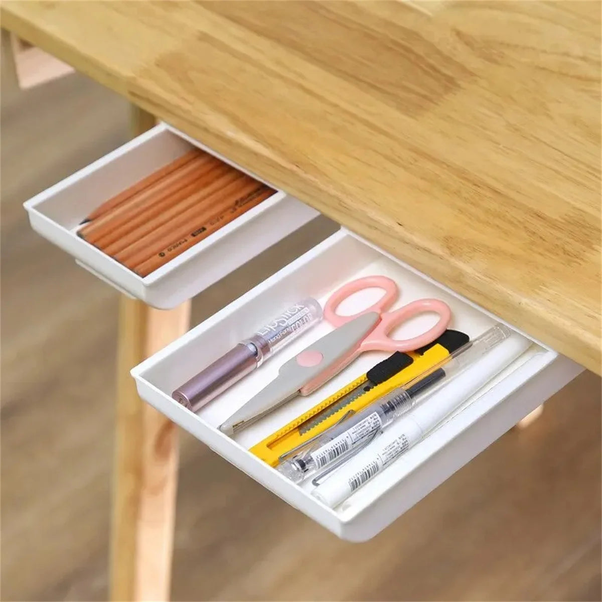 boîte rangement tiroir adhésif blanc moderne pratique papier objets sous plat lisse