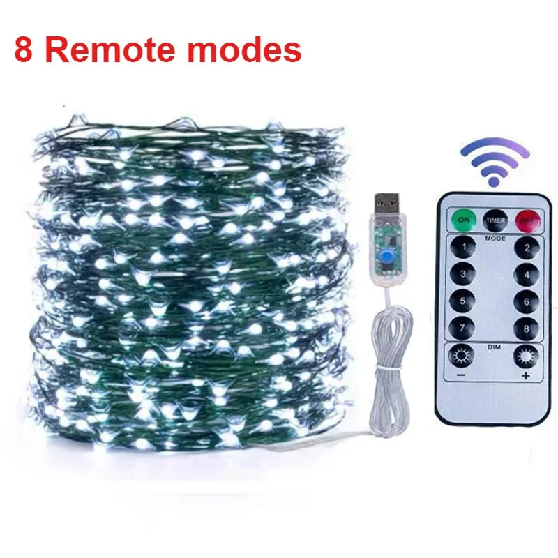 guirlande lumineuse led noel 5m 10m 20m fil cuivre vert moderne télécommande usbDecorationNoelBatterieSèche
