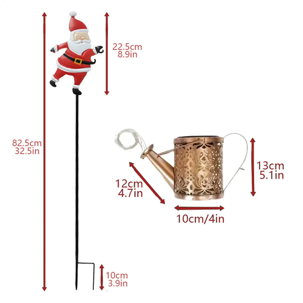 décoration noël père noël arrosoir lumineux rouge blanc doré festive extérieure jardin métal fixe