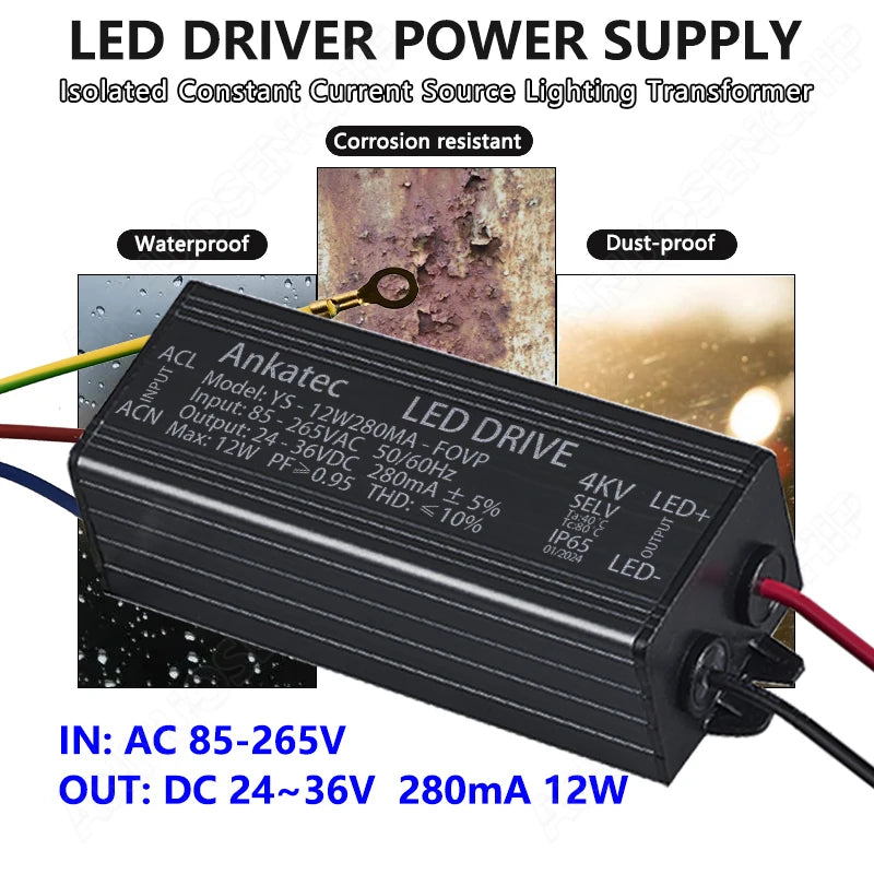 transformateur alimentation led 12w 24v 36v 280ma ip65 waterproof noir industrial