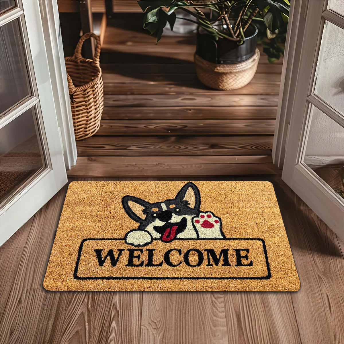 tapis d'entrée antidérapant caoutchouc non tissé résistant corrosion motif chien bienvenue moderne marron noir