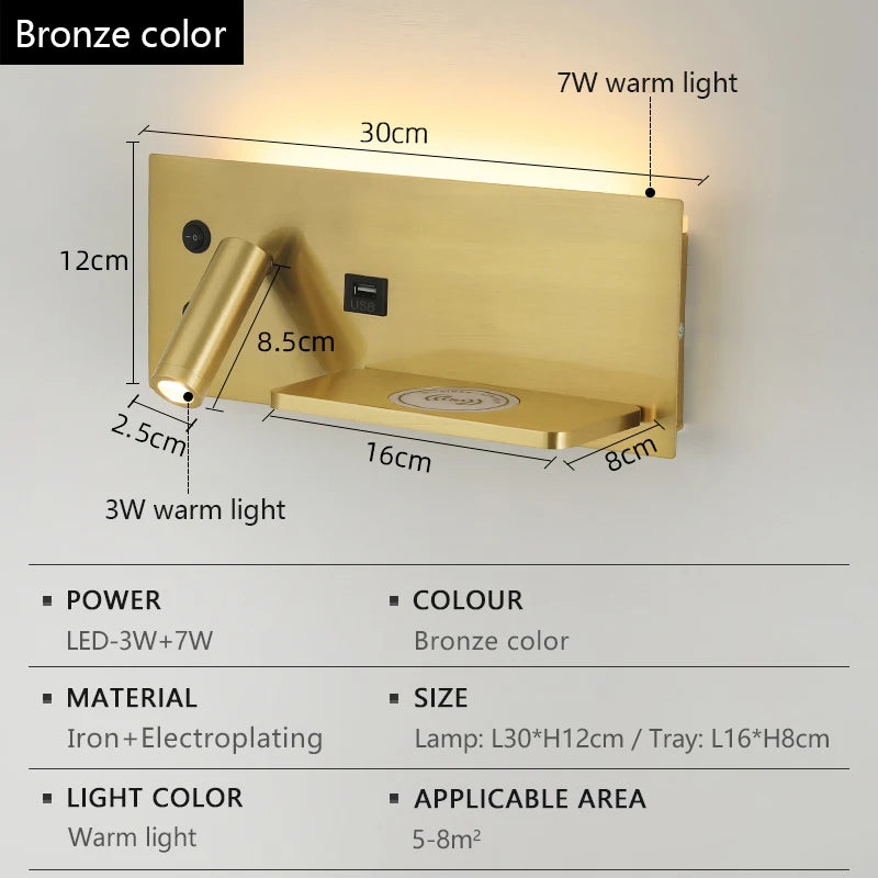 lampe murale led moderne charge sans fil usb étagère éclairage minimaliste chambre salon