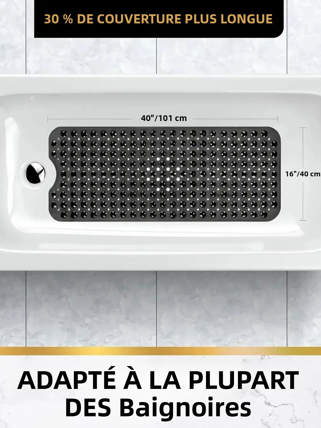 tapis bain antidérapant noir texturé surface ventouses 40x101cm moderne salle bain
