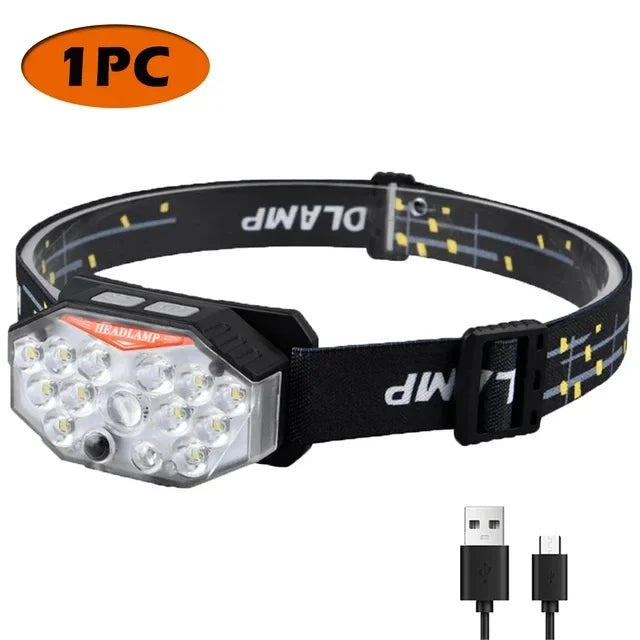 lampe frontale noire rayures jaunes led motion sensor ceinture ajustable camping