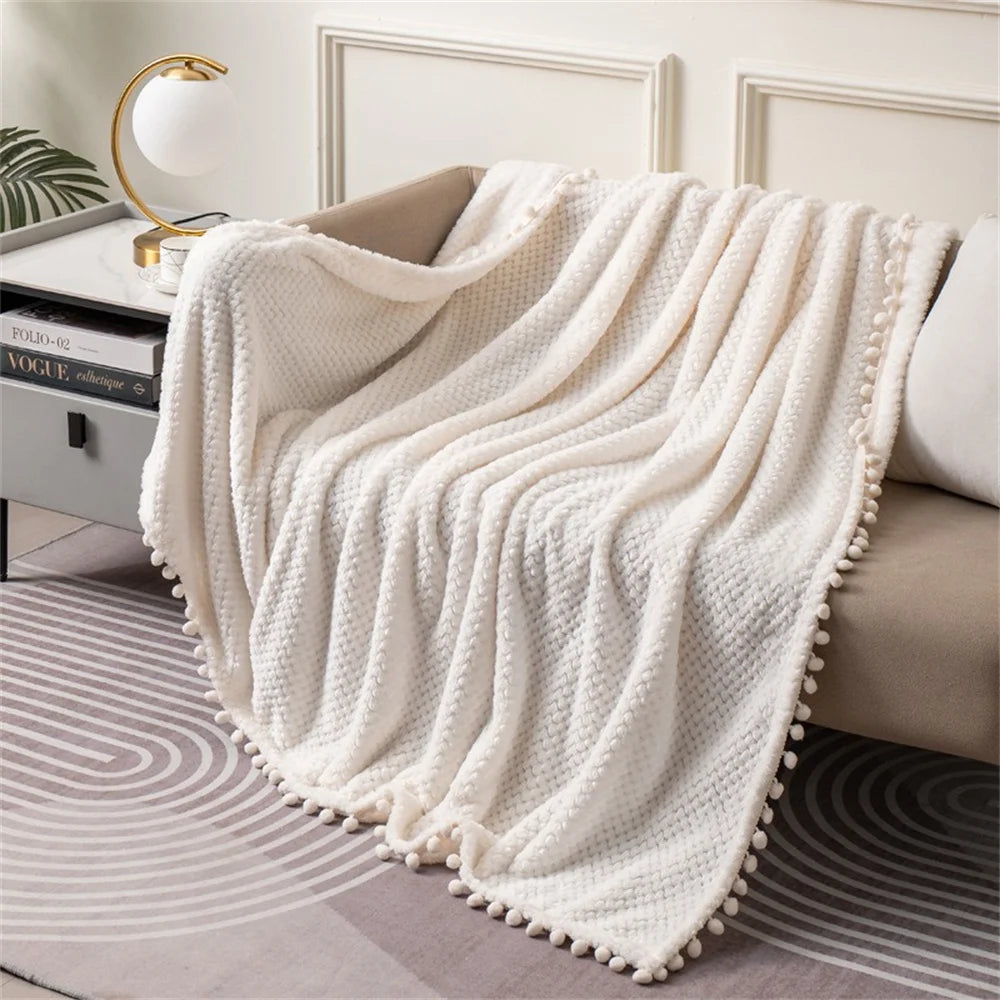 couverture tricotée polyester blanc motif pompons douce hiver décoration chambre coucher