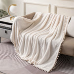 couverture tricotée polyester blanc motif pompons douce hiver décoration chambre coucher
