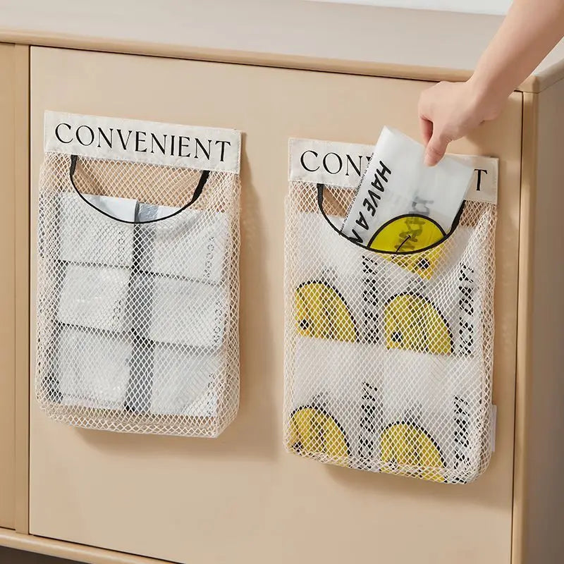 sac rangement maille moderne blanc beige anneau métallique 35x23cm conteneur organisation cuisine transparent minimaliste