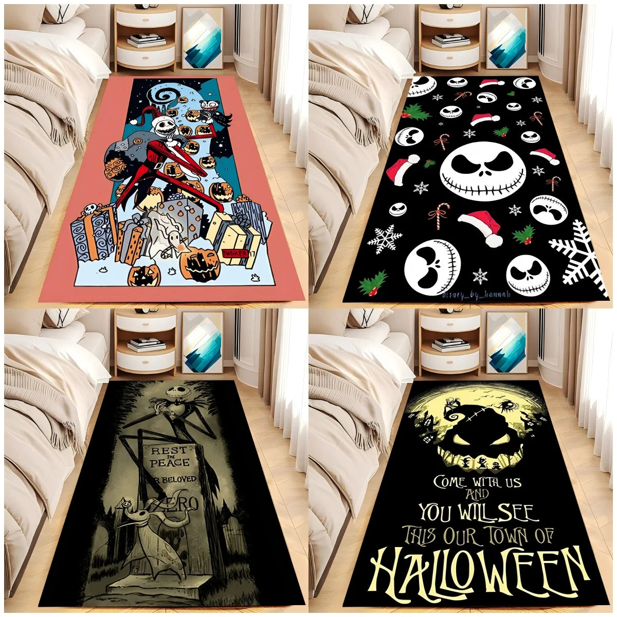 tapis halloween noir blanc visages souriants fantômes citrouilles motifs géométriques non glissant