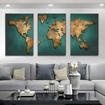 affiches carte monde moderne artistique relief brillant toile sans cadre vert doré 21x30cm 40x60cm